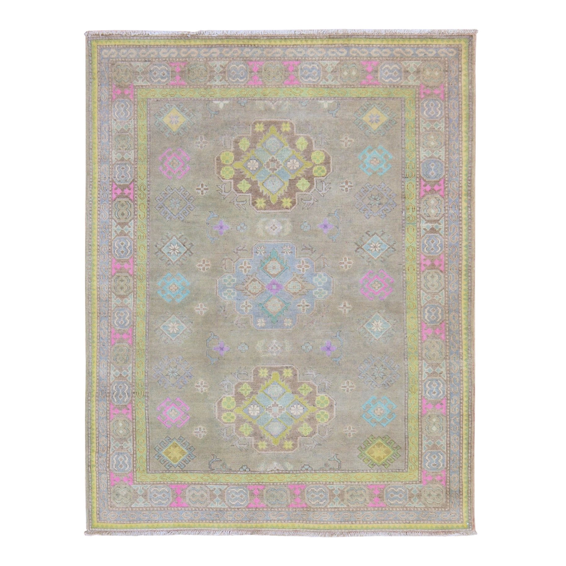 Khaki Brown, Colorful Fusion Kazak with Geometric Design, Pure Wool, Hand Knotted, Oriental Rug